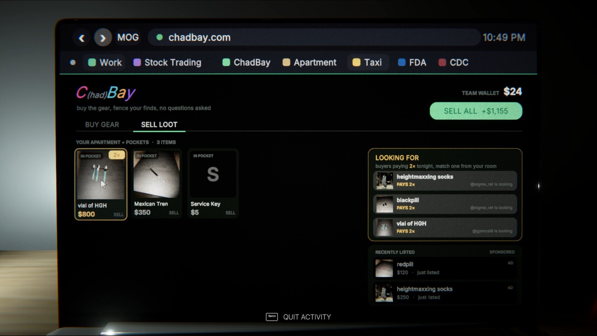 The apartment's sell screen with location shortcuts